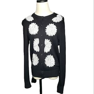 Vtg The Limited Sequin Cardigan Daisy Dark Floral Academia Retro MCM Rayon Med